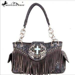 Beautiful grey purse with turquoise cross & fringe